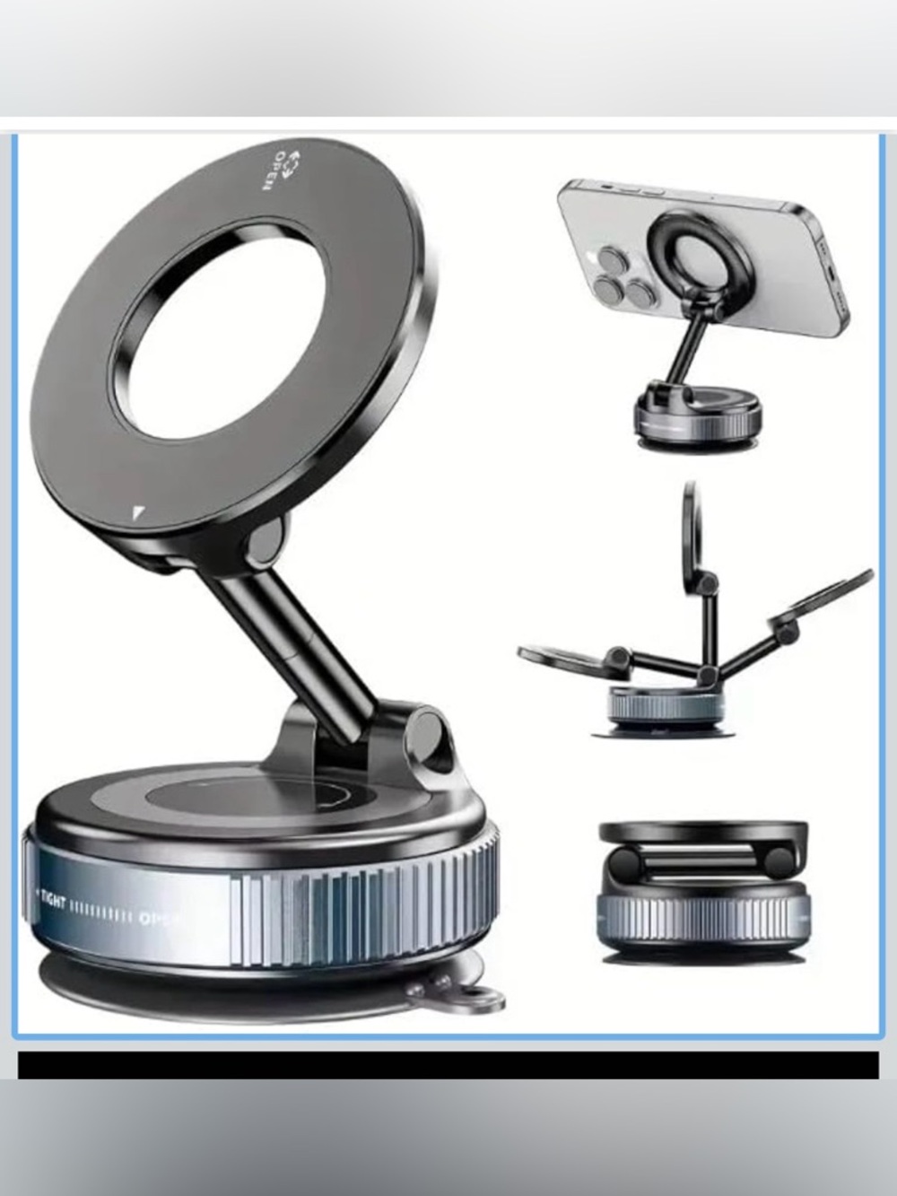 Universal Black Magnetic Phone Mount with Rotating Ring and Foldable Arm K007